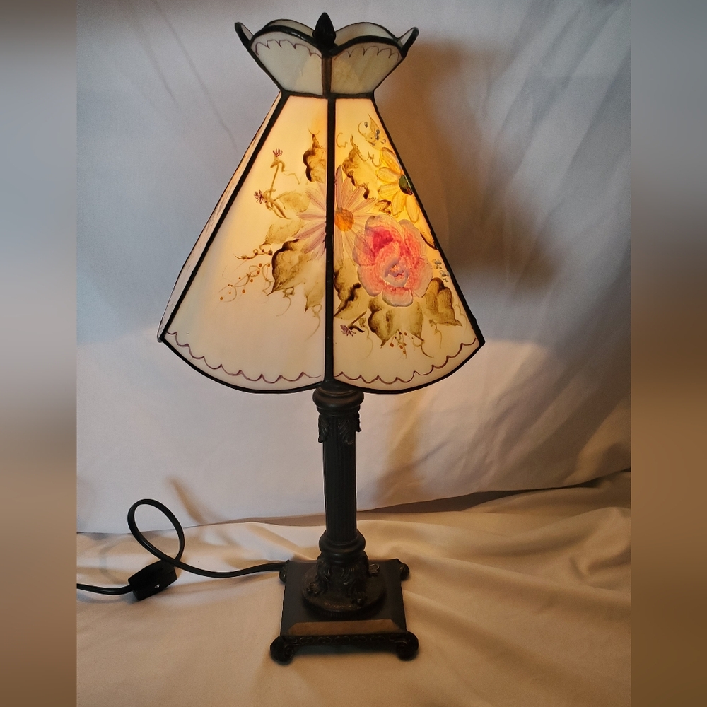 Dennis East International Vtg 2002 Floral Table Lamp Painted Shade Tiffany Style
